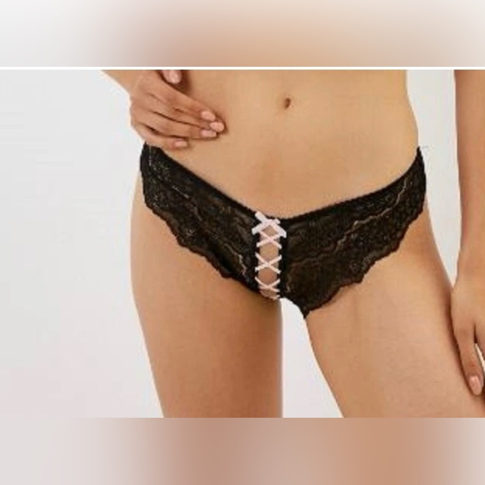 Victoria's Secret Dream Angels Black Pink Lace-up Cheekini Panty Ouvert Small